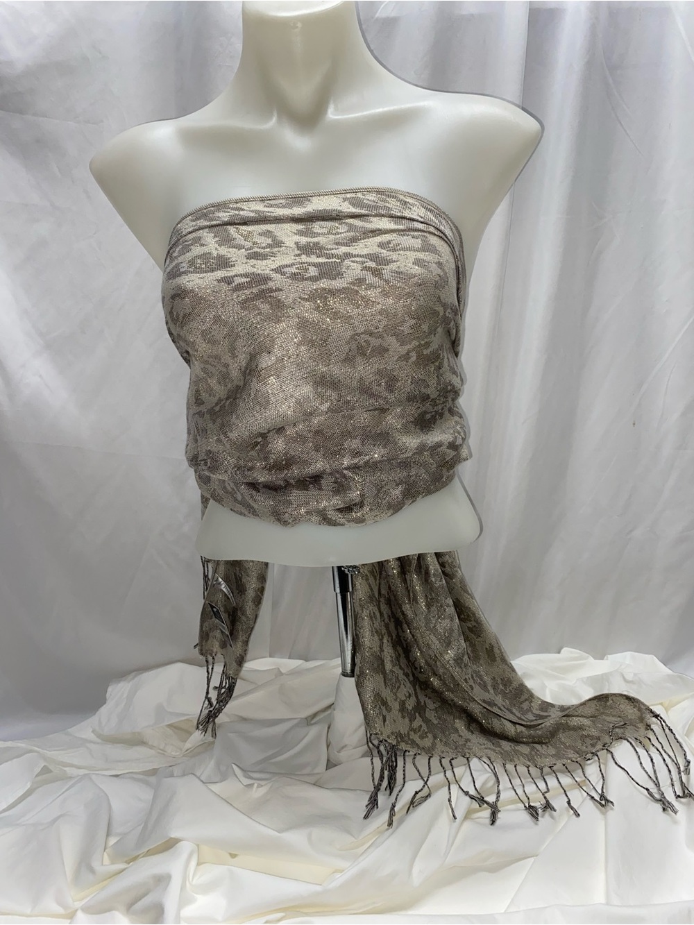 * West loop lightweight womens scarf  Women’s thin brown cream gold & fringe